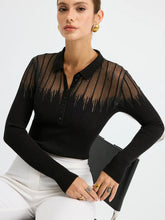 Glitter Detail Sheer Panel Polo Knit Top
