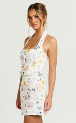 Hera Two Piece Set - Linen Square Neck Halter Vest Top And Mini Skirt Set in Soleil Print