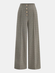 High-Waist Button Detail Plaid Wide-Leg Pants