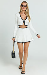Naomi Two Piece Set - Contrast Knit Button Up Long Sleeve And Pleated Mini Skirt in Cream