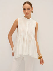 Semi-Sheer Pleated Mock Neck Blouse
