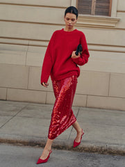 Elegant Plain Sequins Skirt