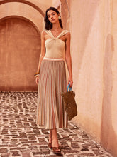 Color-Block Striped Pleated Midi Skirt