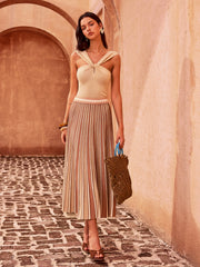 Color-Block Striped Pleated Midi Skirt