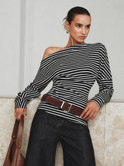 Striped Asymmetric One-Shoulder T-Shirt
