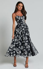 Nikky Midi Dress - Organza Full Skirt Dress in Black Floral
