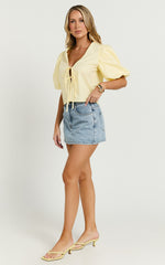 Dana Top - Bow Tie Front Puff Sleeve Blouse in Lemon