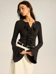 Flared Sleeve Ruffled Button T-Shirt