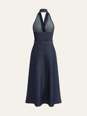 Denim Belted Halter Neck Midi Dress