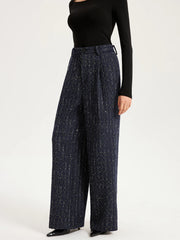 Mid-Waist Tweed Sequin Wide-Leg Pants