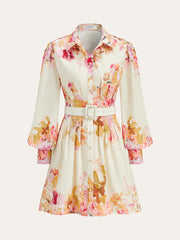 Floral Print Pleated Shirt Dress with Belt