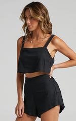 Zanrie Two Piece Set - Linen Square Neck Crop Top and High Waist Mini Flare Shorts Set in Black