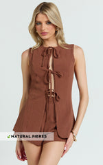 Keyla Two Piece Set - Tie Front Top and Mini Shorts in Chocolate