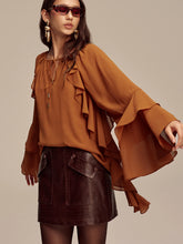 Chiffon Ruffled Tiered Sleeve Tie-Neck Blouse