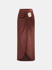 Metal Detail Satin Slit Midi Skirt