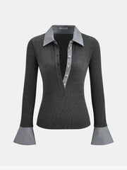 Striped Shirt Panel Knit Top