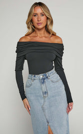 Ermalen Bodysuit - Folded Off Shoulder Long Sleeve Bodysuit in Black