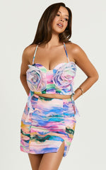 Amalie The Label - Kiama Gathered Side Slit Mini Skirt in Abstract Sunset Print