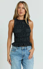 Aphrodite Top - Boat Neck Sleeveless Ruched Detail Top in Black