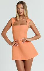 Sakura Mini Dress - Square Neck Wide Strap Corset Waist A Line Skirt Dress in Orange