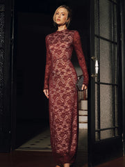 Lace Long Sleeve Fitted Backless Maxi Dress