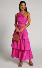 Kaycie Two Piece Set - One Shoulder Asymmetrical Ruched Top and Tiered Midi Skirt Set in Pink