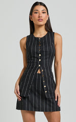 Calvin Two Piece Set - Tailored Scoop Neck Vest Top and A Line Mini Skirt Set in Black