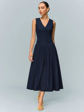 Denim V-Neck Ruched Midi Dress