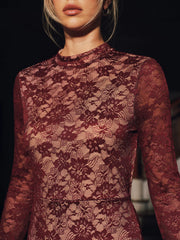 Lace Long Sleeve Fitted Backless Maxi Dress