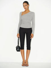 Asymmetric Neckline Ruched Long Sleeve Blouse