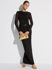 Metal Brooch Semi-Sheer Mesh Long Sleeve T-Shirt