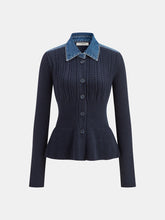 Denim Collar Cable Knit Button-Front Peplum Cardigan