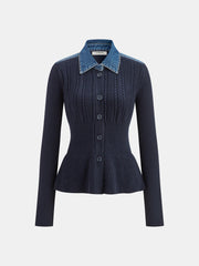 Denim Collar Cable Knit Button-Front Peplum Cardigan