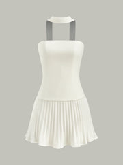Halter Neck Strapless Pleated Mini Dress