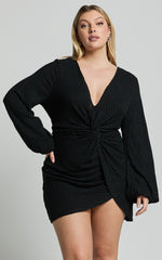 Charmine Mini Dress - Twist Front Long Sleeve Dress in Black