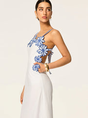 Semi-Sheer Floral Embroidery Back Bow Maxi Dress