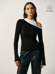 Color Block Asymmetric Cut-Out Long Sleeve T-Shirt