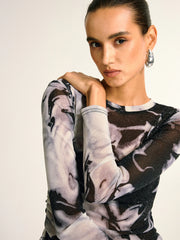 Semi-Sheer Long Sleeve Mesh Marble Print Blouse