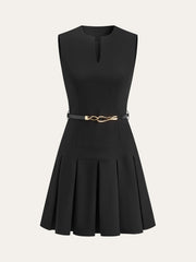 Sleeveless Keyhole-Neck Belted Pleated Mini Dress