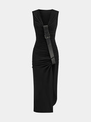Belt-Decor Sleeveless Ruched Maxi Dress