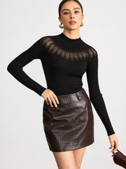 Sheer Panel Mock Neck Sweater