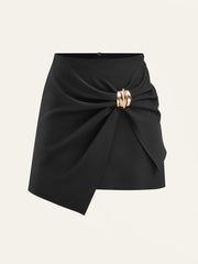 Asymmetric Ruched Wrap Mini Skirt with Metal Buckle