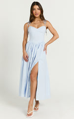 Holly Midi Dress - Corset Lace Up Dress with Split in Soft Blue