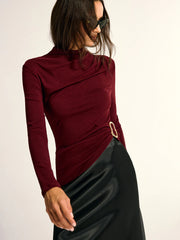 Metal Buckle Asymmetric Mock Neck Blouse