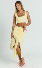 Gibson Two Piece Set - Linen Crop Top and Knot Front Midi Skirt Set in Yellow