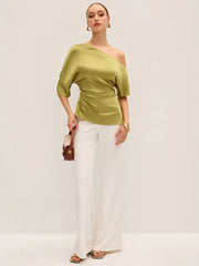 Satin One-Shoulder Ruched Top