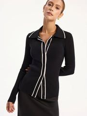 Contrast-Trim Polo Collar Knit Cardigan