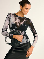 Semi-Sheer Long Sleeve Mesh Marble Print Blouse