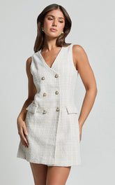 Adriana Mini Dress - Sleeveless V Neck Boucle Dress in Cream