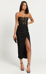 Janet Midi Dress - Strapless Sweetheart Draped Skirt Dress in Black